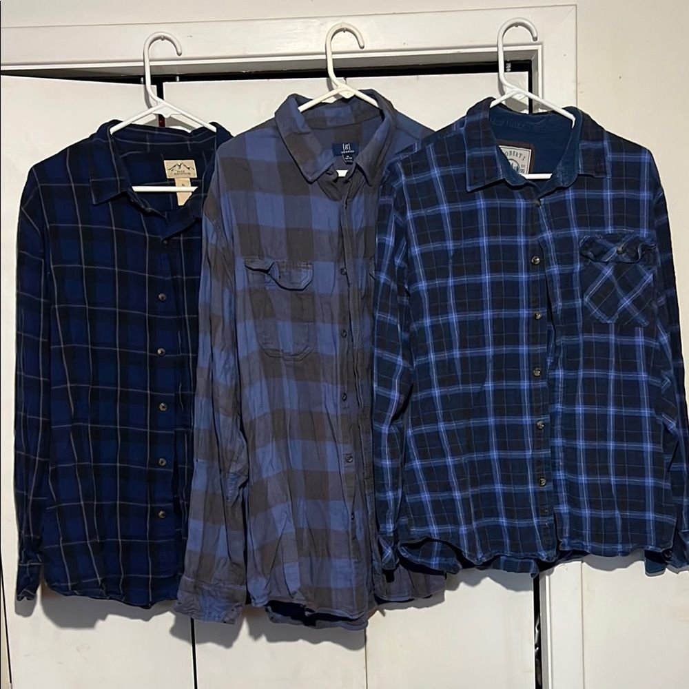 Set of 3 XL Men’s Blue Flannel Plaid Button Up